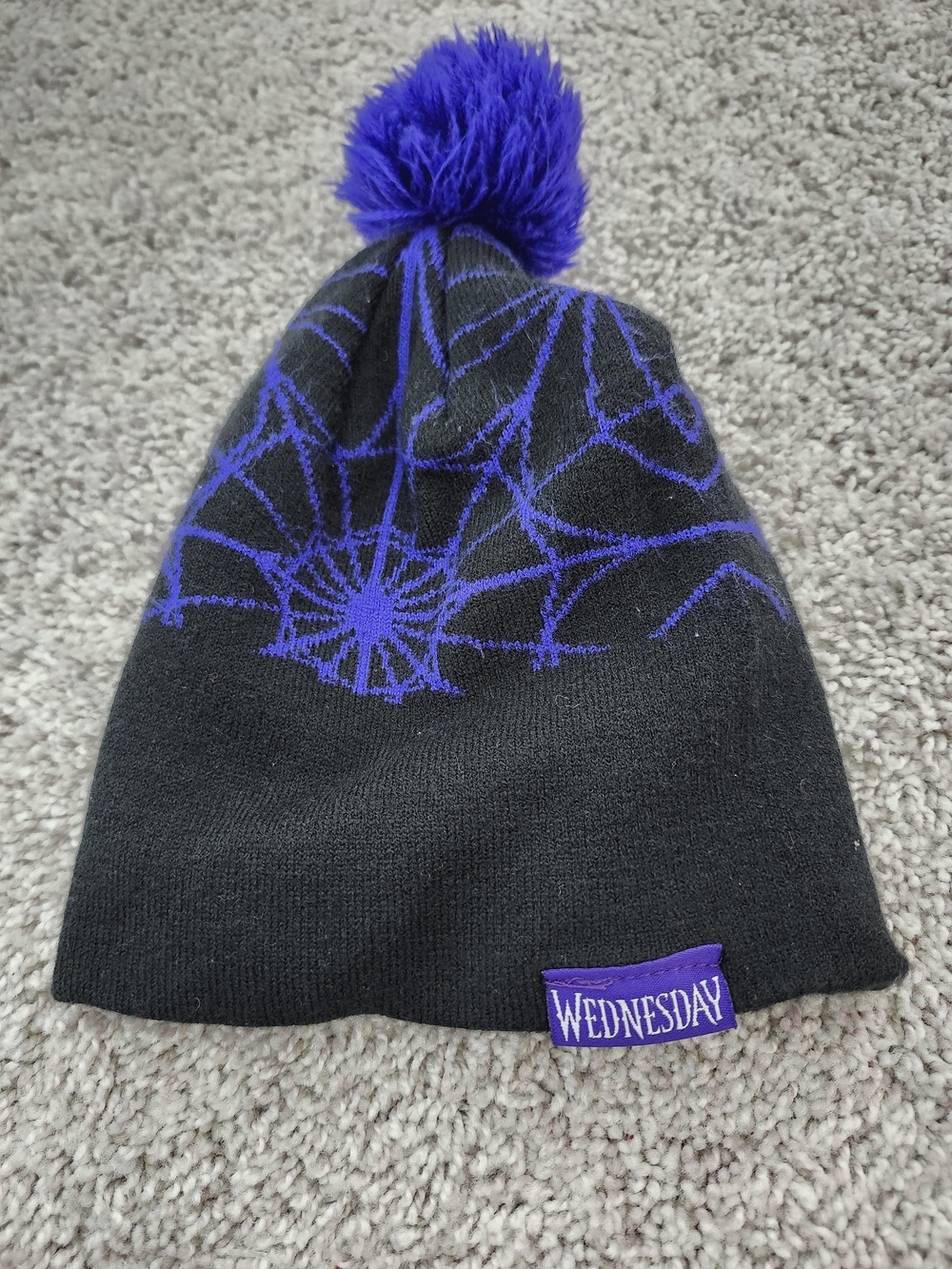 Official Wednesday Addams Beanie - "No Hug Zone" Spiderweb Pom-Pom Hat - Mad Eng
